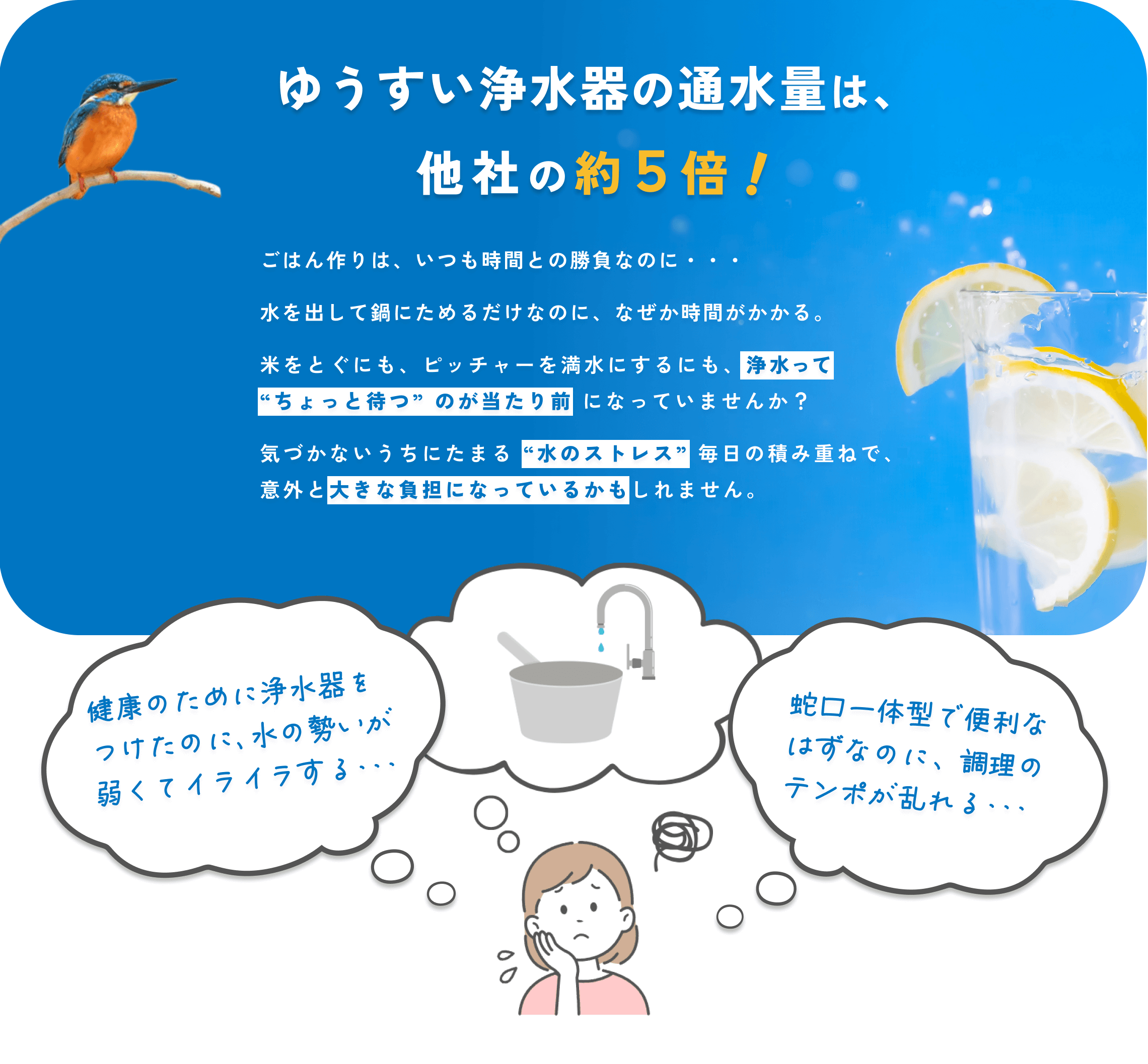 ゆうすい浄水器の過水量は、他社の約5倍！
